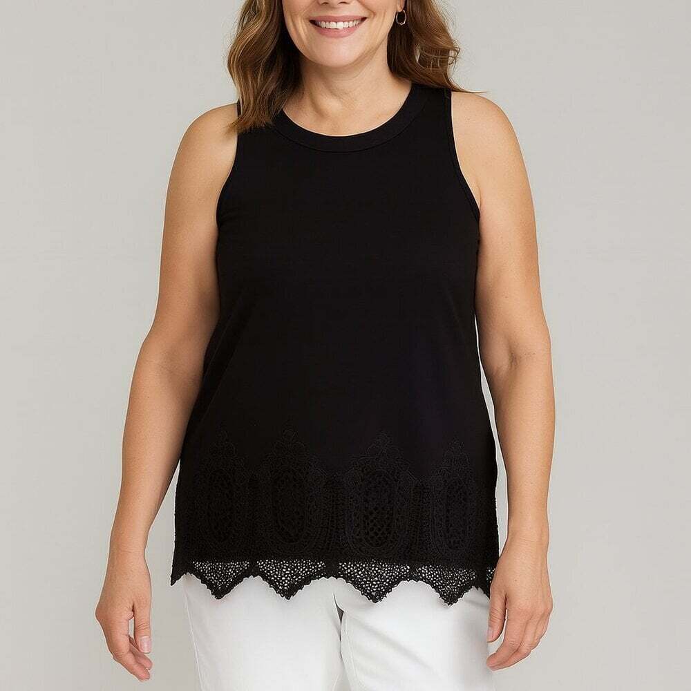 Adrianna Papell Racerback Tank Large Black Knit Top Lace Hem Elegant Minimal